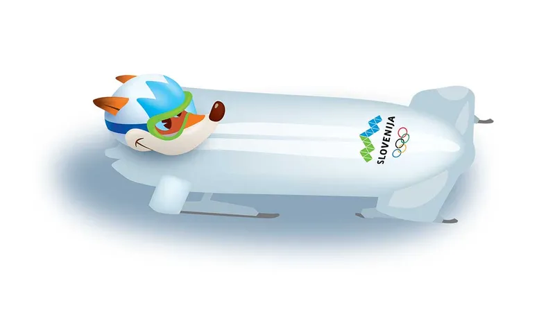 Risba zmaja v modri čeladi na bobu z napisom "SLOVENIJA" in olimpijskimi krogi.