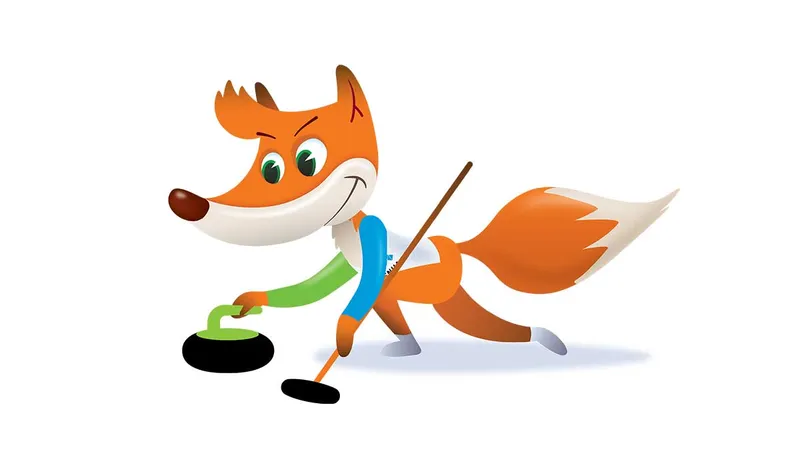 Risanka lisice, ki drsi po tleh in potiska curling kamen s palico.