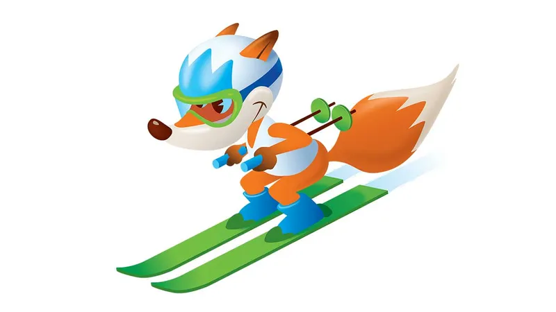 Risanka lisice v smučarskem kompletu, z modro čelado in zelenimi smučmi, ki drvi po snegu.